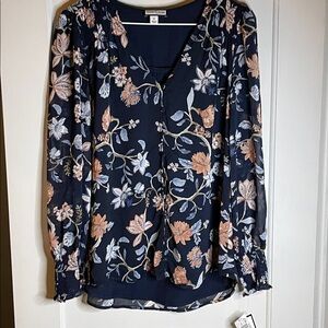Sam & Jess long sleeve, button front,navy blue, floral. Sheer sleeve.Size M. NWT
